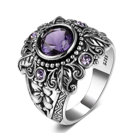 Vintage 3ct Purple Round Cut Natural Amethyst Ring 925 Sterling Silver