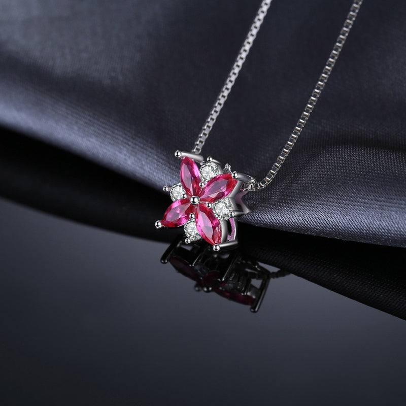 Sterling Silver Flowers Created Ruby Pendant Necklace for Woman