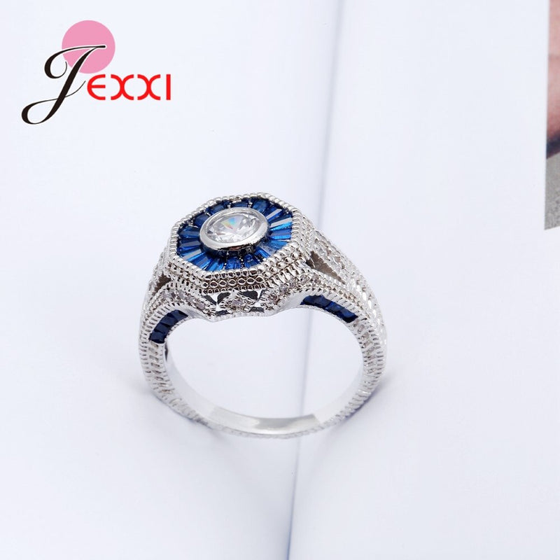 925 Sterling Silver Blue Zircon White Crystal Ring for Women