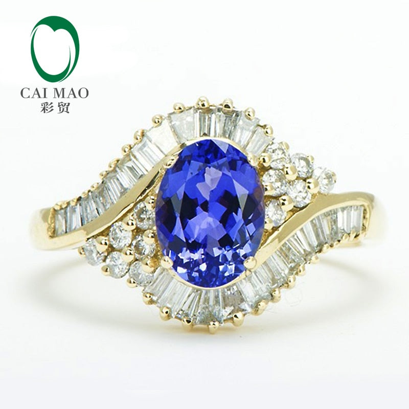 14K Yellow Gold Natural Diamond & Blue Tanzanite Ring for Women