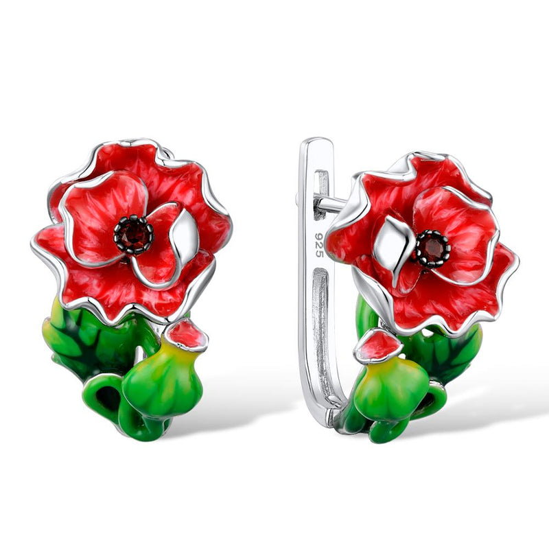 SANTUZZA 925 Sterling Silver Exquisite Handmade Red Flower Ring Earrings & Brooch Jewelry Set