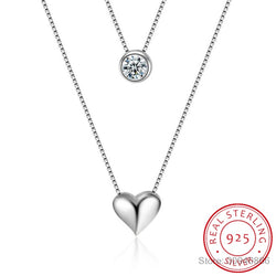 925 Sterling Silver Double Layers Collarbone CZ Love-heart Pendant Chain Necklace