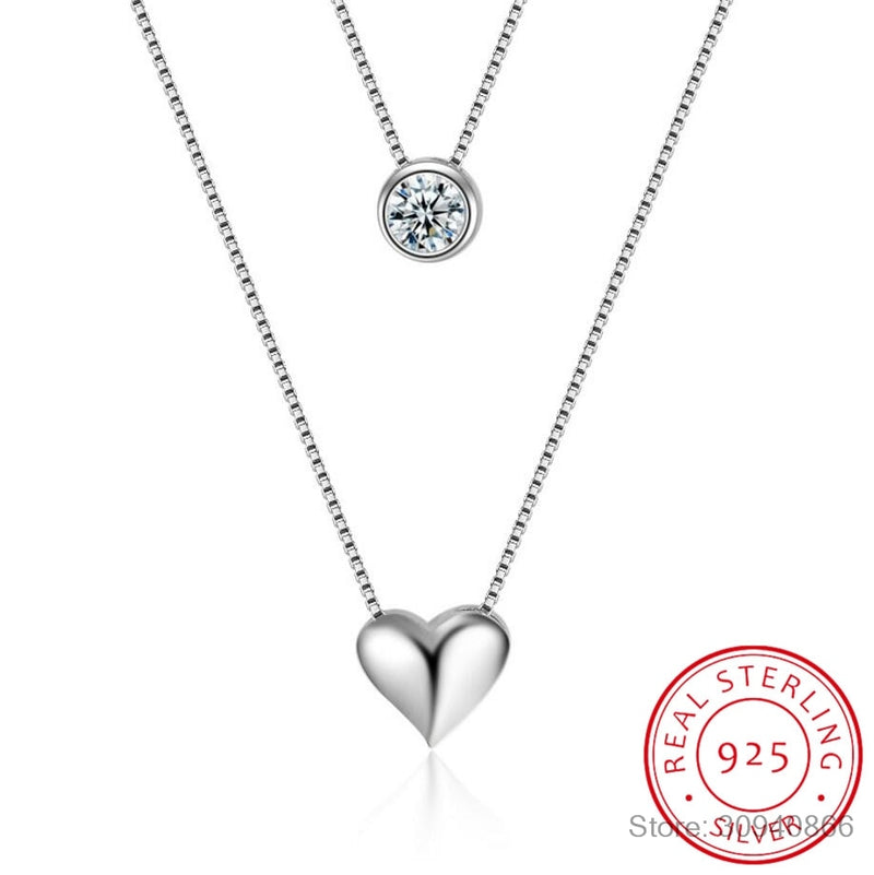 925 Sterling Silver Double Layers Collarbone CZ Love-heart Pendant Chain Necklace