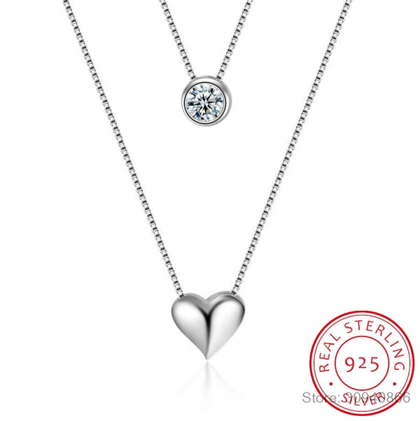 925 Sterling Silver Double Layers Collarbone CZ Love-heart Pendant Chain Necklace