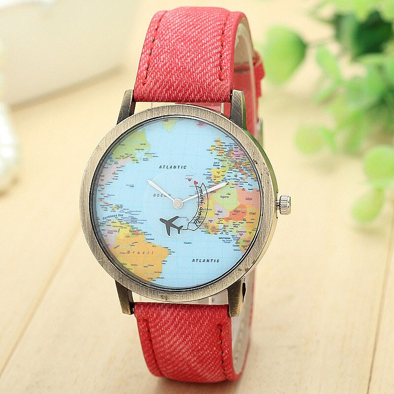 New Global Travel By Plane Map Women Dress Watch Denim Fabric Band Fashionable and simple casual womens leather wristwatches Fi
