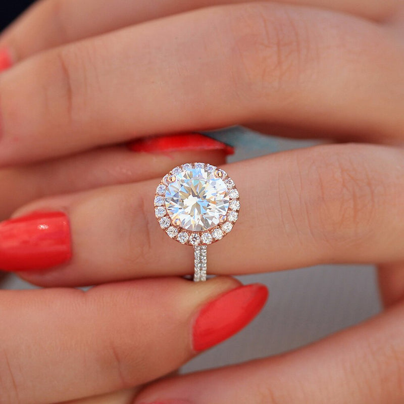 Genuine 14K 585 White Gold 9.5mm Round Cut Moissanite Diamond Halo Ring available in 2ct/35ct/5ct