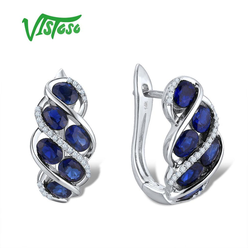 VISTOSO Pure 14K 585 White Gold Luxury Blue Sapphire Shiny Diamond Earrings