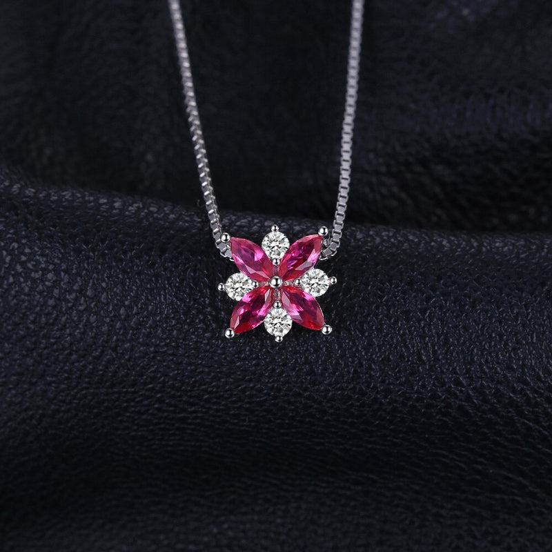 Sterling Silver Flowers Created Ruby Pendant Necklace for Woman