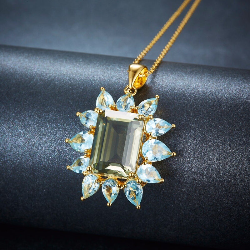 Hutang 925 Sterling Silver Natural 9ct Green Amethyst Blue Topaz Pendant & Yellow Gold Necklace