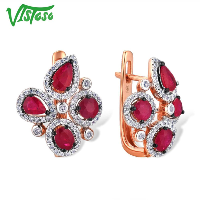 VISTOSO Genuine 14K 585 Rose Gold Glamorous Fancy Ruby Sparkling Diamond Earrings