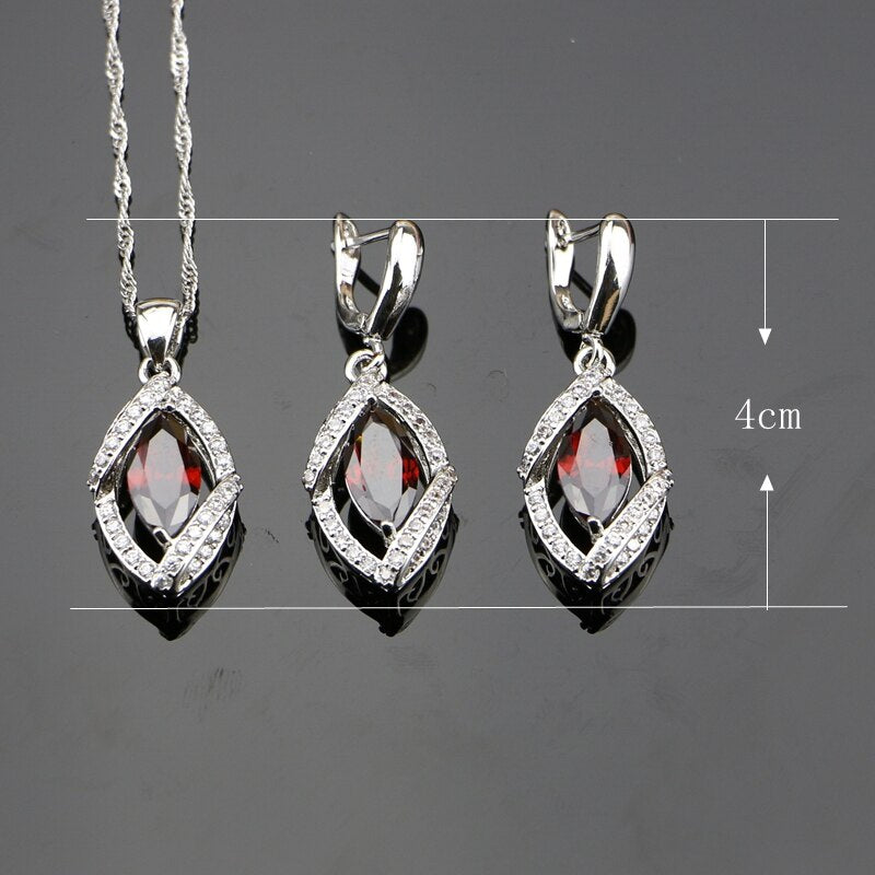 925 Sterling Silver Red CZ and White Zircon Jewelry Set for Women