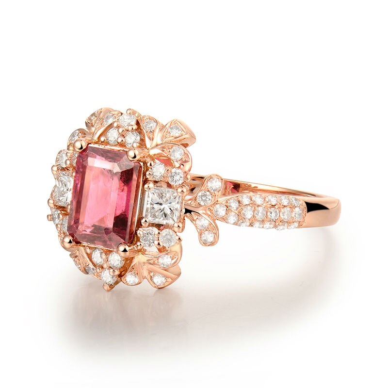 Rose Gold Tourmaline Flower Diamond Ring - Exquisite Emerald Cut & 5X7mm Natural Gemstone FOR HER