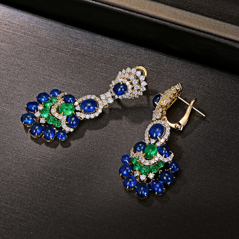 18kt Yellow Gold Blue Sapphires Emeralds and Diamonds Earrings for Women