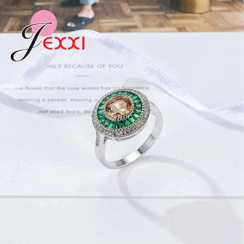 Fashoin Green & Champagne Cubic Zirconia Round Finger Rings 925 Sterling Silver Jewelry for Women Girls Wedding Bague