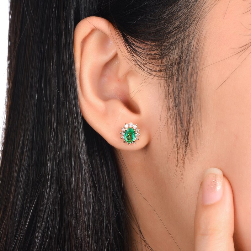 18k Rose Gold Natural Emerald Diamond Earrings Studs for Women