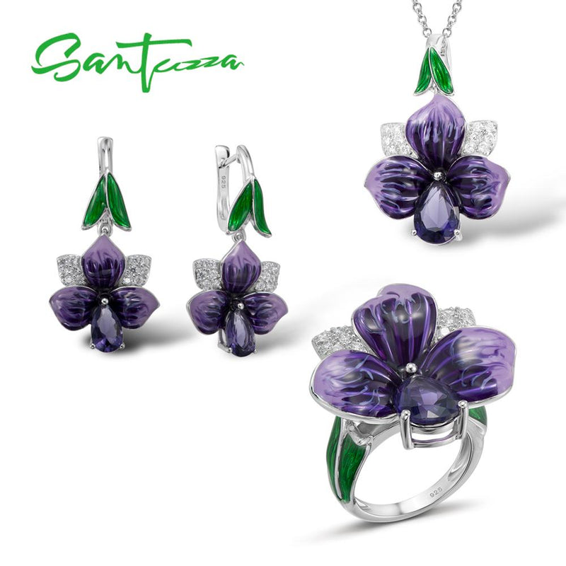 SANTUZZA 925 Sterling Silver HANDMADE Enamel Big Charming Purple Flower Rings Earrings & Pendent Set
