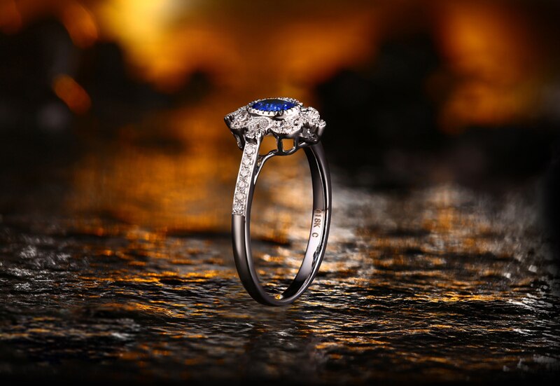 14K White Gold 0.50ct Blue Sapphire Pave Diamond Engagement Ring for Her