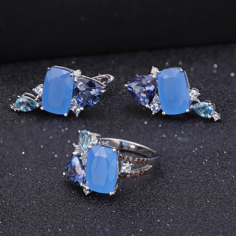 GEMS BALLET 925 Sterling Silver Natural Aqua-blue Calcedony Geometric Ring & Earrings Jewelry Set
