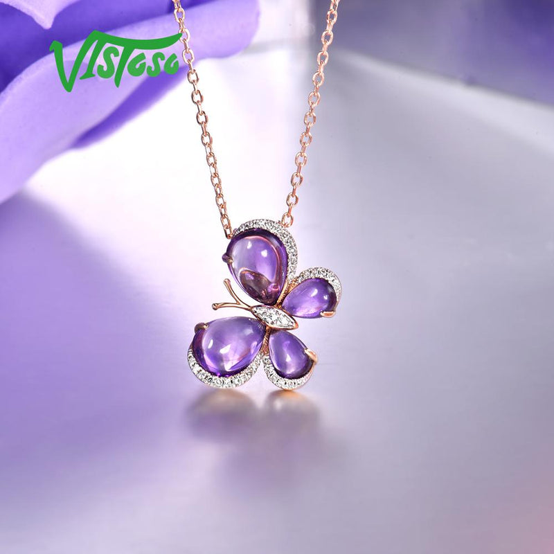 14K Rose Gold Amethyst and Diamond Butterfly Pendant for her