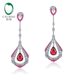 18k White Gold 1.28ct Red Ruby and Diamond Dangle Earrings for Women