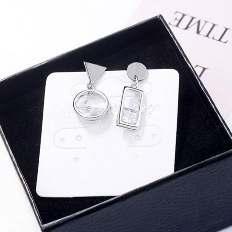 Anenjery 925 Sterling Silver Spring Water Zircon Black Circle Square Asymmetric Earrings