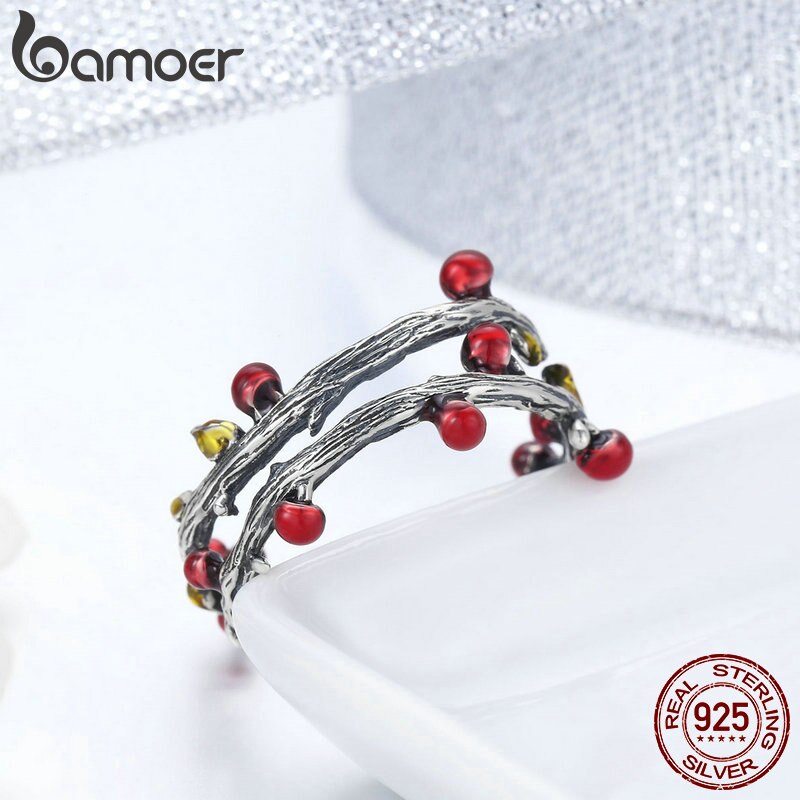 BAMOER Real 925 Sterling Silver Autumn Withered Tree Leaves Adjustable Ring