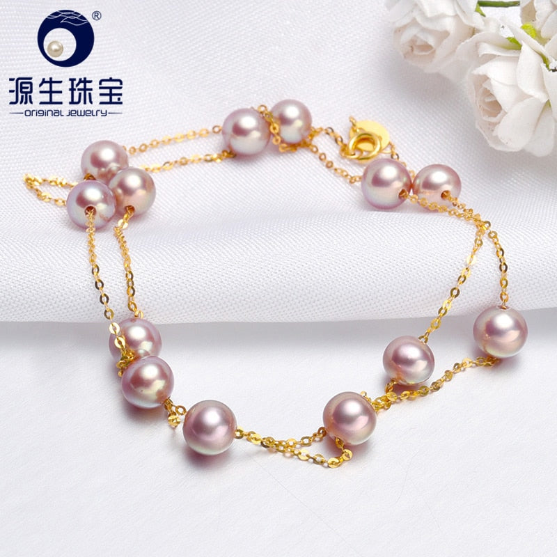 18k Gold 5.5-6mm Natural Cultured Purple Pearl Chain Necklace