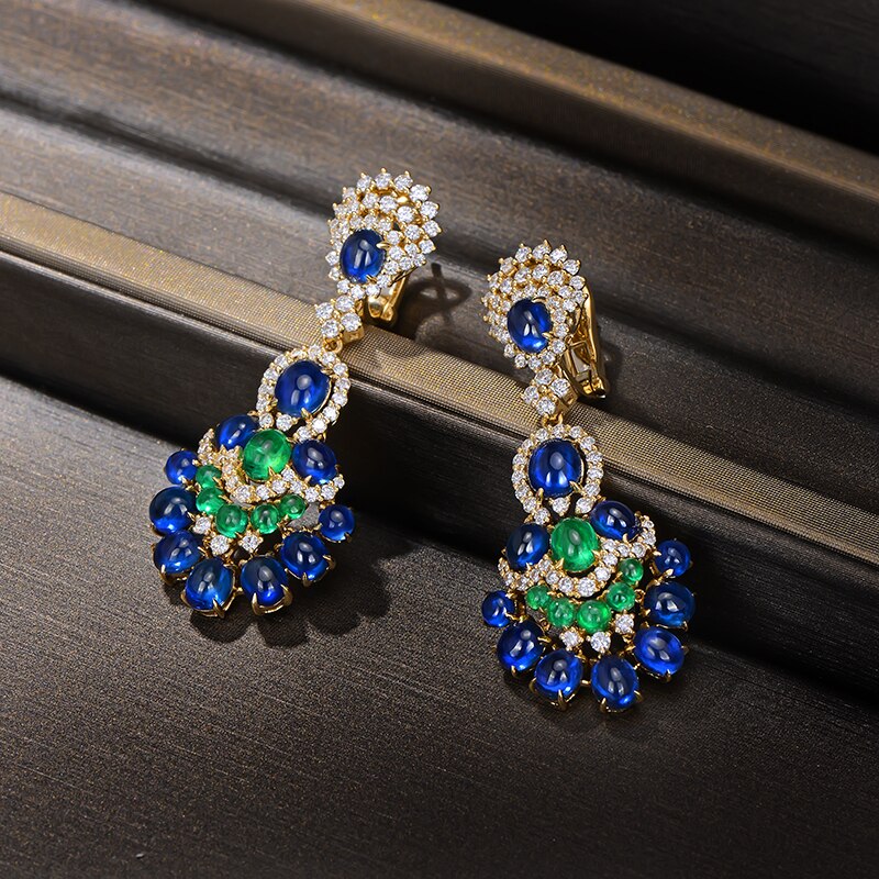 18kt Yellow Gold Blue Sapphires Emeralds and Diamonds Earrings for Women