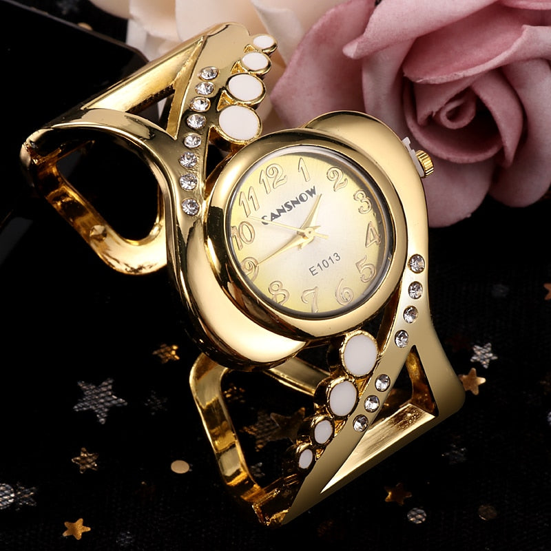 Gold-Plated Quartz Crystal Rhinestone Bracelet Watch for Women