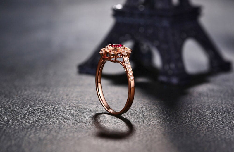 14K Rose Gold Ruby and Diamond Milgrain Engagement Ring for Her