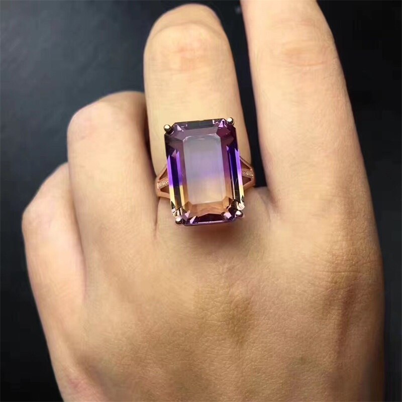 SHIQING 925 Sterling Silver Natural Ametrine Gemstone Ring