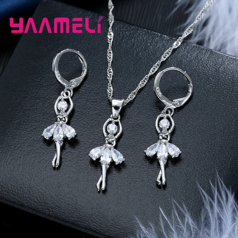 Sterling Silver Ballet Dancer Necklace and Hoop Earrings Set for Women