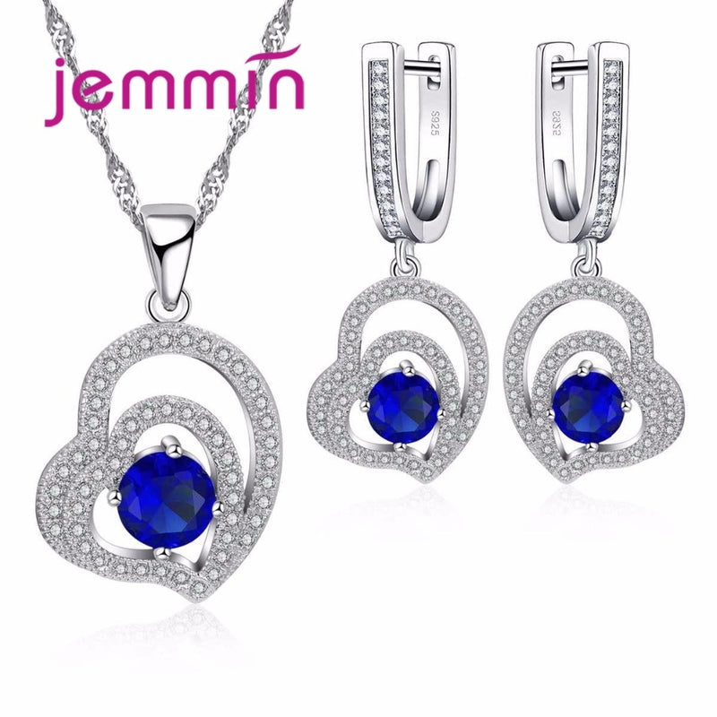 925 Sterling Silver Double Heart Sapphire Rhinestone Bridal Jewelry Sets for Women