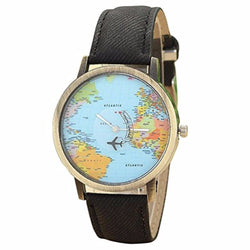New Global Travel By Plane Map Women Dress Watch Denim Fabric Band Fashionable and simple casual womens leather wristwatches Fi
