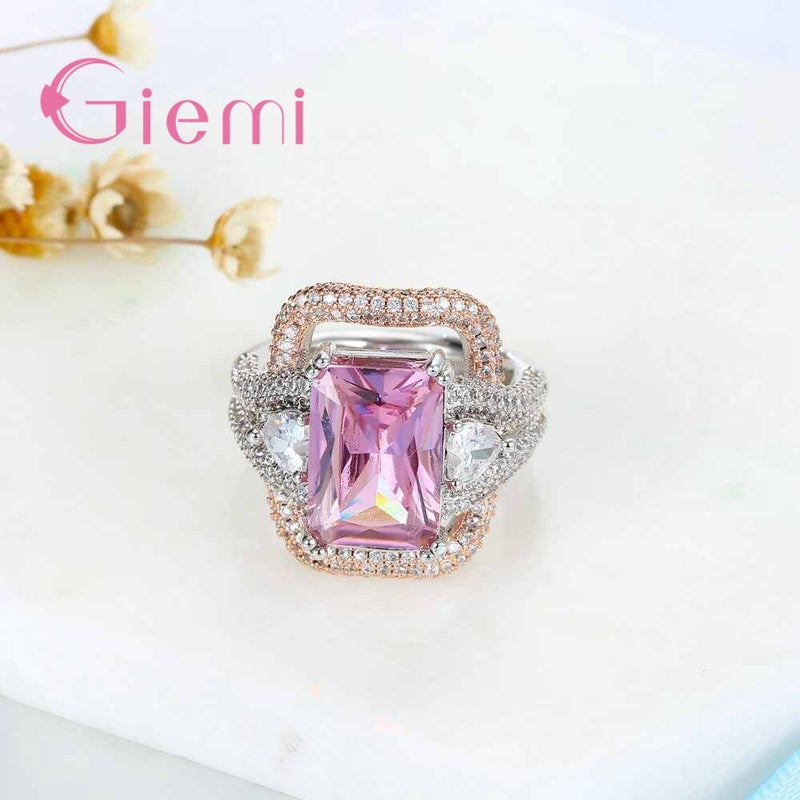 Sterling Silver Pink Square Austrian Crystal Ring for Femme