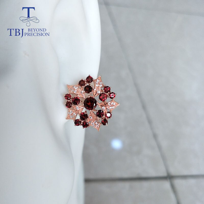 TBJ 925 Sterling Silver Elegant Flower Design Natural Mozambique Garnet Earrings