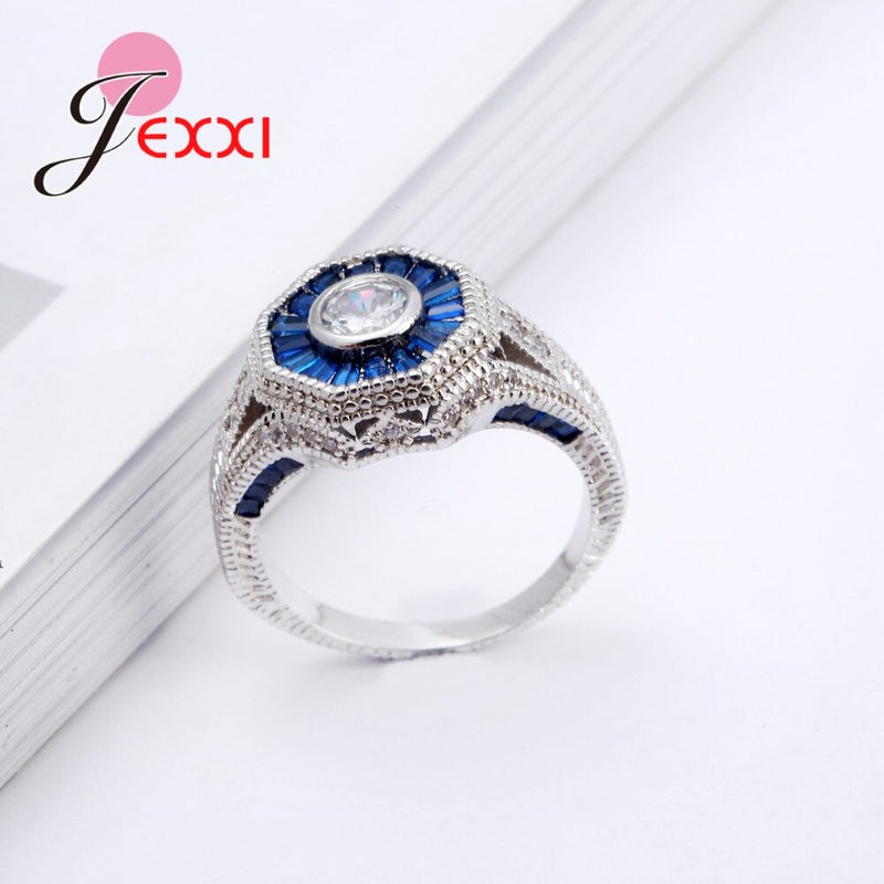 925 Sterling Silver Blue Zircon White Crystal Ring for Women