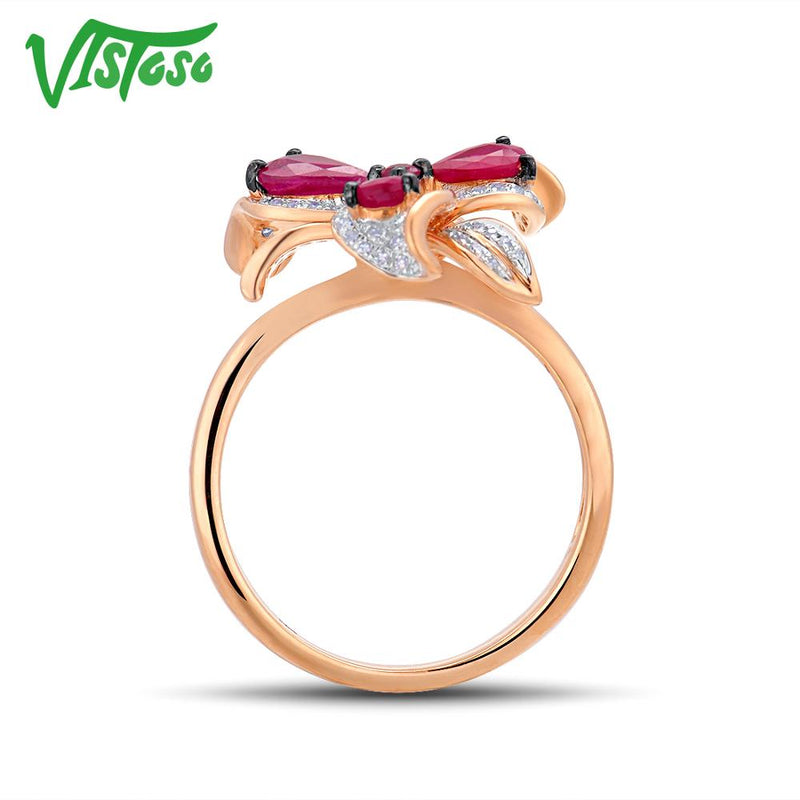 VISTOSO 14K 585 Rose Gold Genuine Sparkling Diamond Fancy Ruby Ring