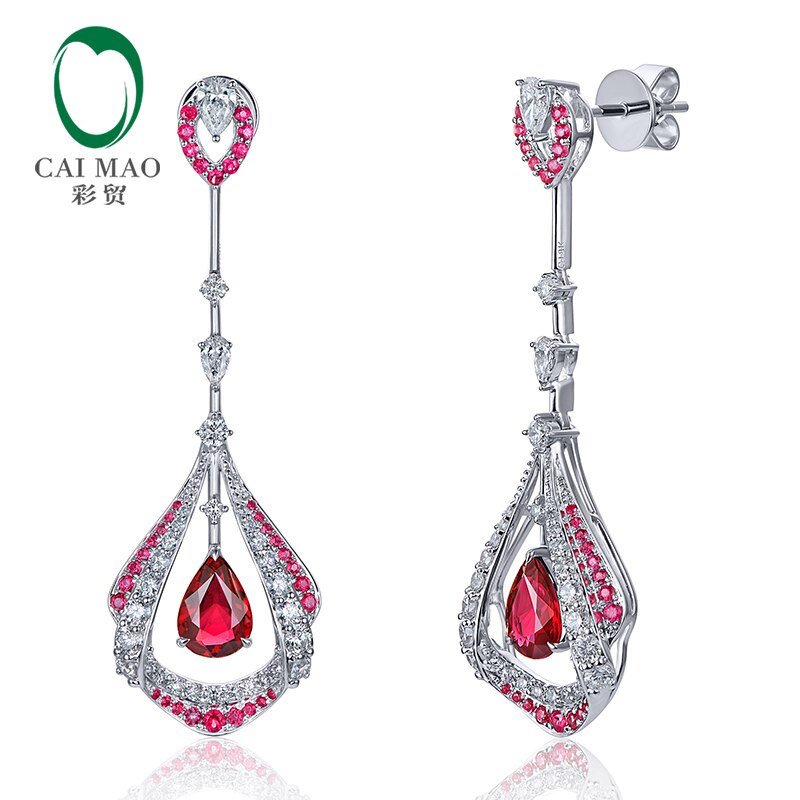 18k White Gold 1.28ct Red Ruby and Diamond Dangle Earrings for Women