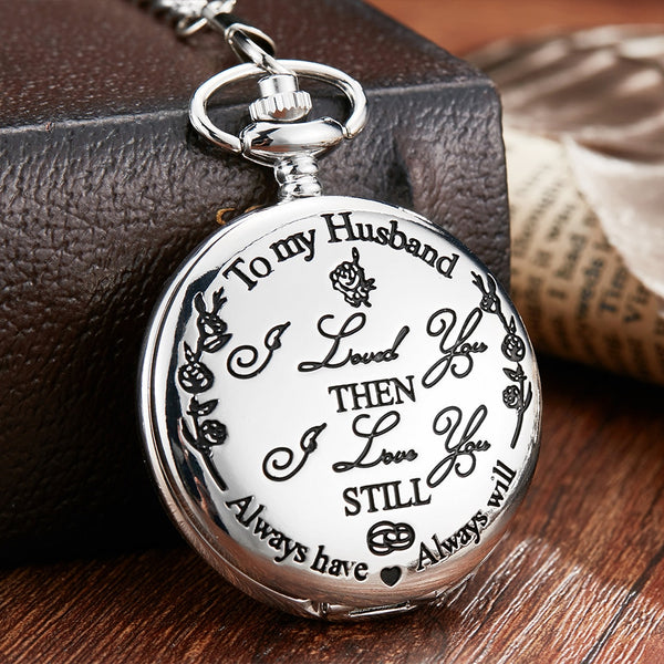 Stainless Steel Laser Engraved Pocket Watch with Chain for Men