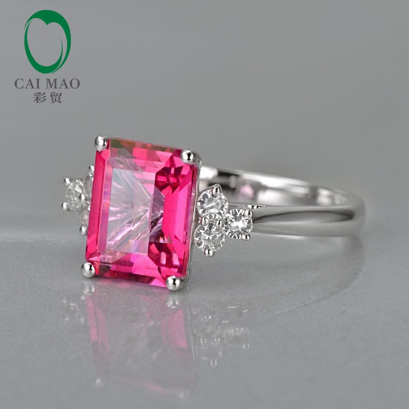 14K White Gold 2.78ct Emerald Cut Pink Topaz and 0.28ct White Sapphire Engagement Ring for Her