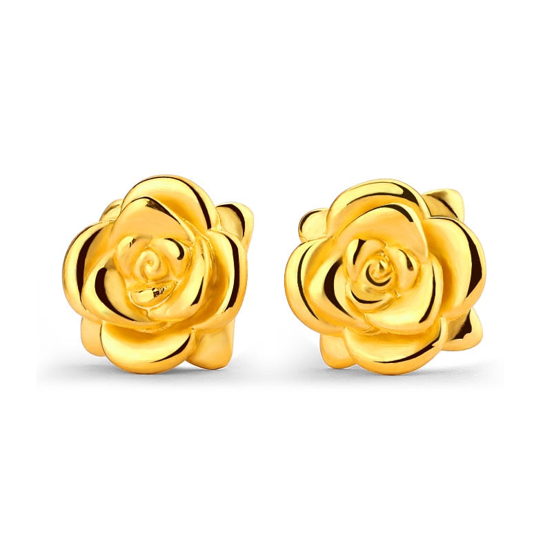 999 Pure Gold 3D Rose Earrings for Women