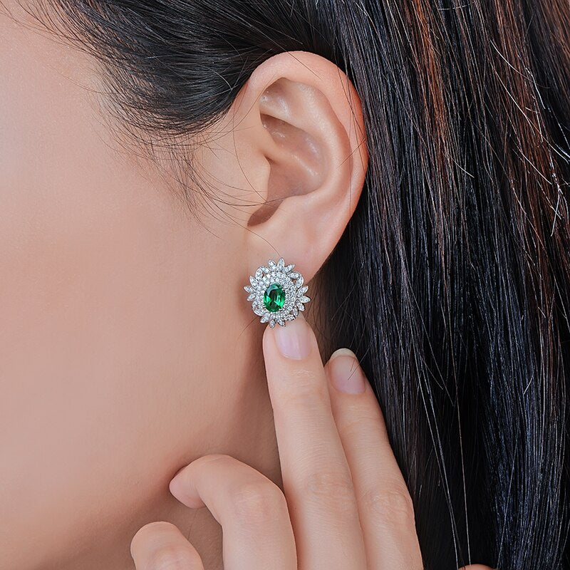 14k White Gold Emerald Diamond Earrings for Women