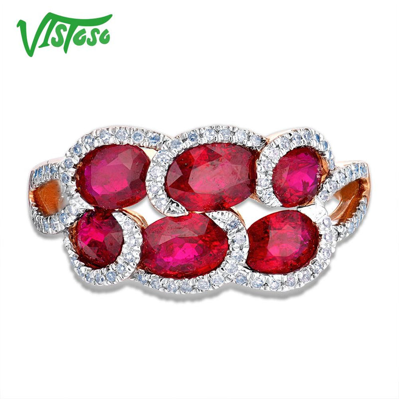 VISTOSO 14K 585 Rose Gold Fancy Ruby Glittering Diamond Ring