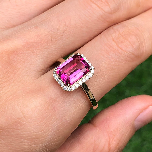 14k Yellow Gold Emerald Cut Pink Topaz Halo Diamond Engagement Ring for her