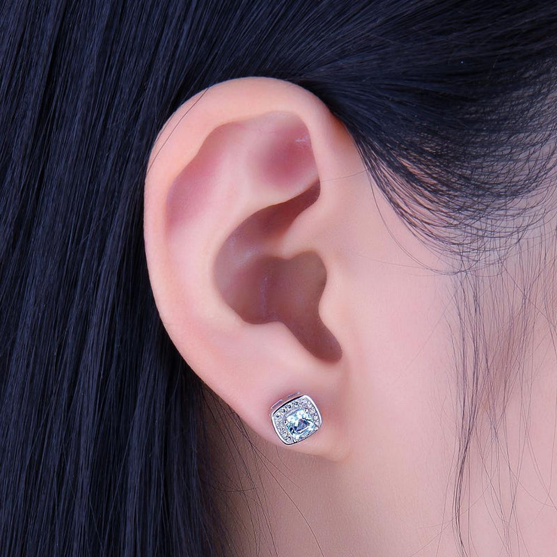 925 Sterling Silver Cushion Cut Sky Blue Topaz Halo Stud Earrings for Women