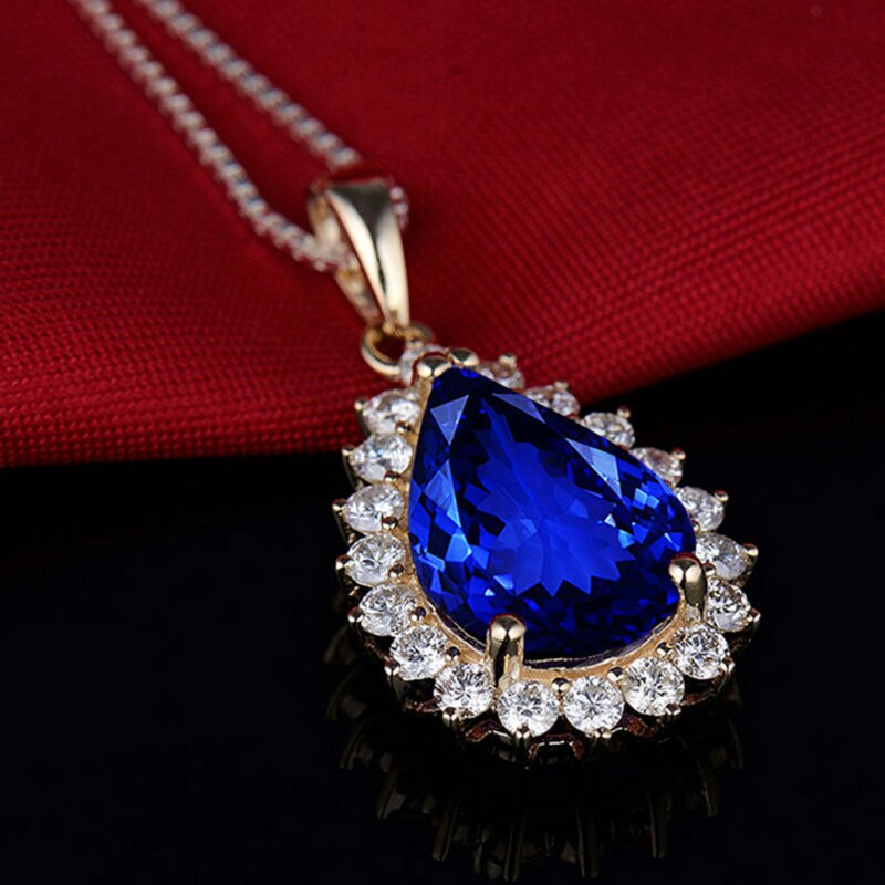 14K Yellow Gold Pear cut 10x14mm Blue Tanzanite Diamond Pendant