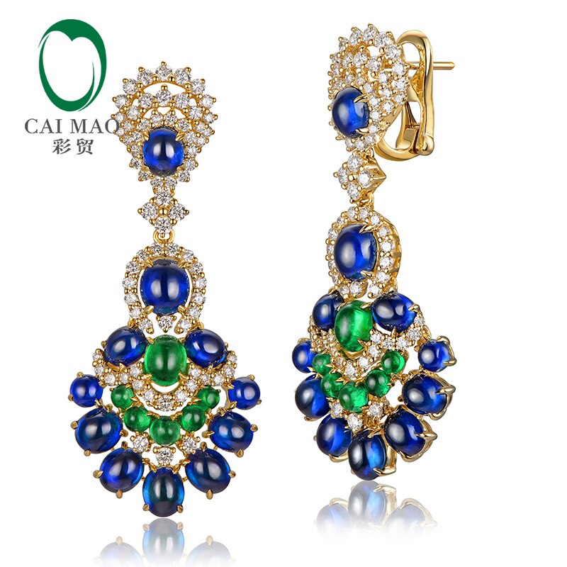 18kt Yellow Gold Blue Sapphires Emeralds and Diamonds Earrings for Women