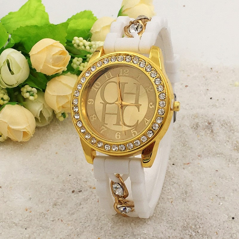 New Famous Brand Women Gold Alloy Chain Casual Quartz Watch Women Crystal Silicone Watches Relogio Feminino Ladies Clock Hot