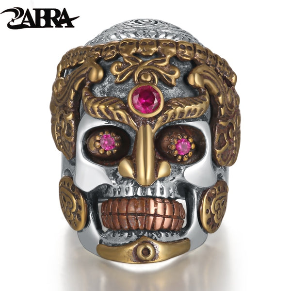 ZABRA 925 Sterling Silver Gothic Skull Inlay Red Garnet Punk Rock Ring